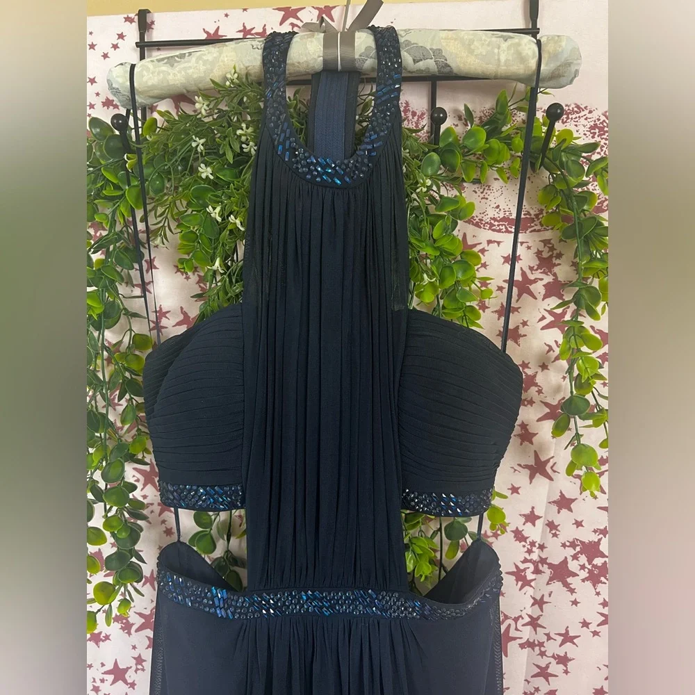 La Femme Navy Blue Maxi Dress with Subtle Sparkle Trim - Picture 4 of 8